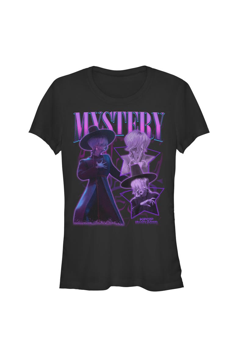 Juniors KPop Demon Hunters Mystery Saja Collage T Shirt, Main, color, Black