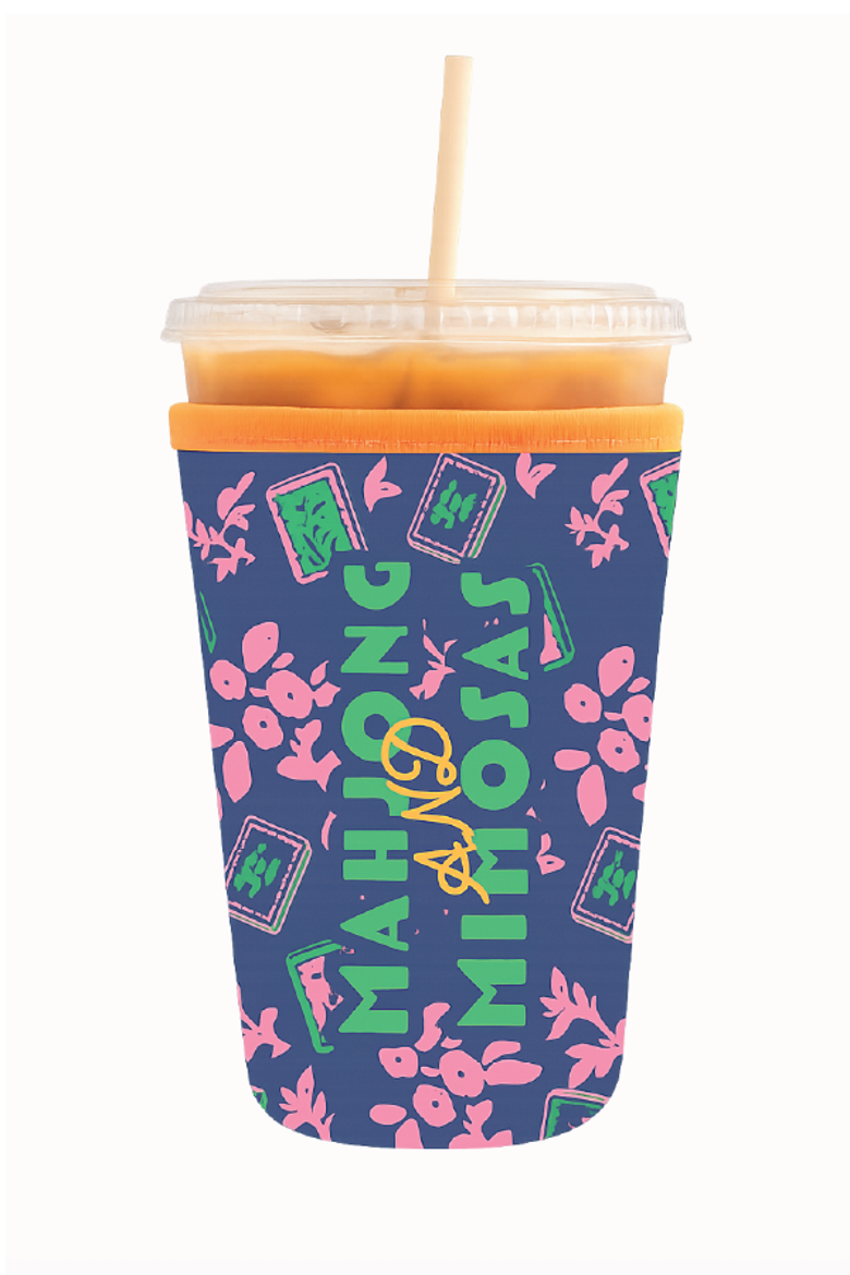 Mahjong Iced Drink Sleeve, Main, color, Navy Mahjong Floral Print