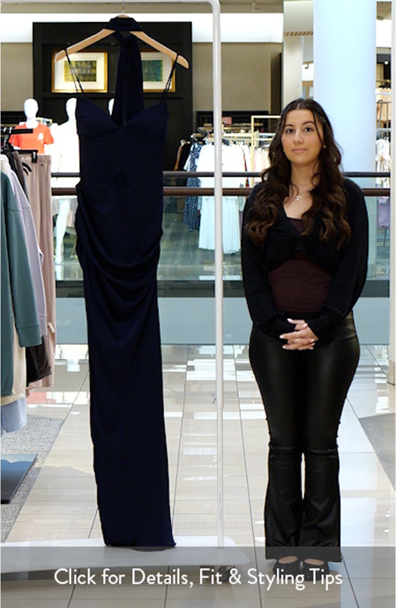 Freya Gathered Satin Spaghetti Strap Gown with Scarf, sales video thumbnail