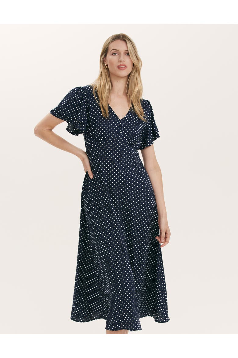 Saskia Polka Dot Midi Tea Dress, Alternate, color, Navy Spot