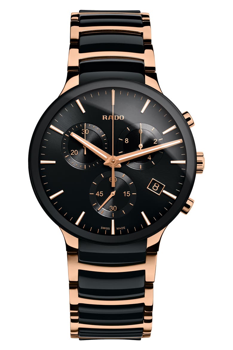 Centrix Chronograph Ceramic Bracelet Watch, 40mm, Main, color, BLACK/ ROSE GOLD