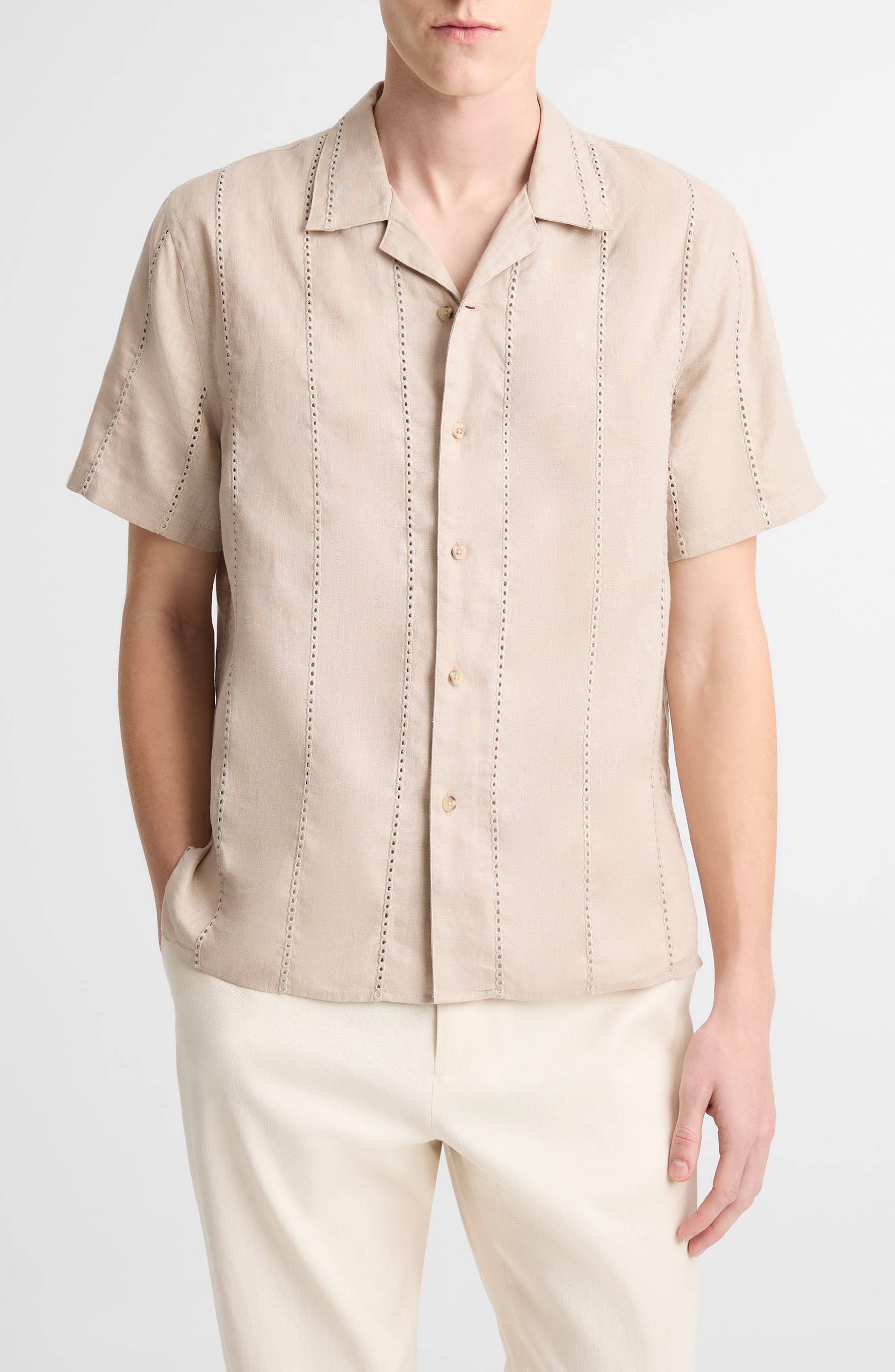 Eyelet Linen Button-Up Shirt