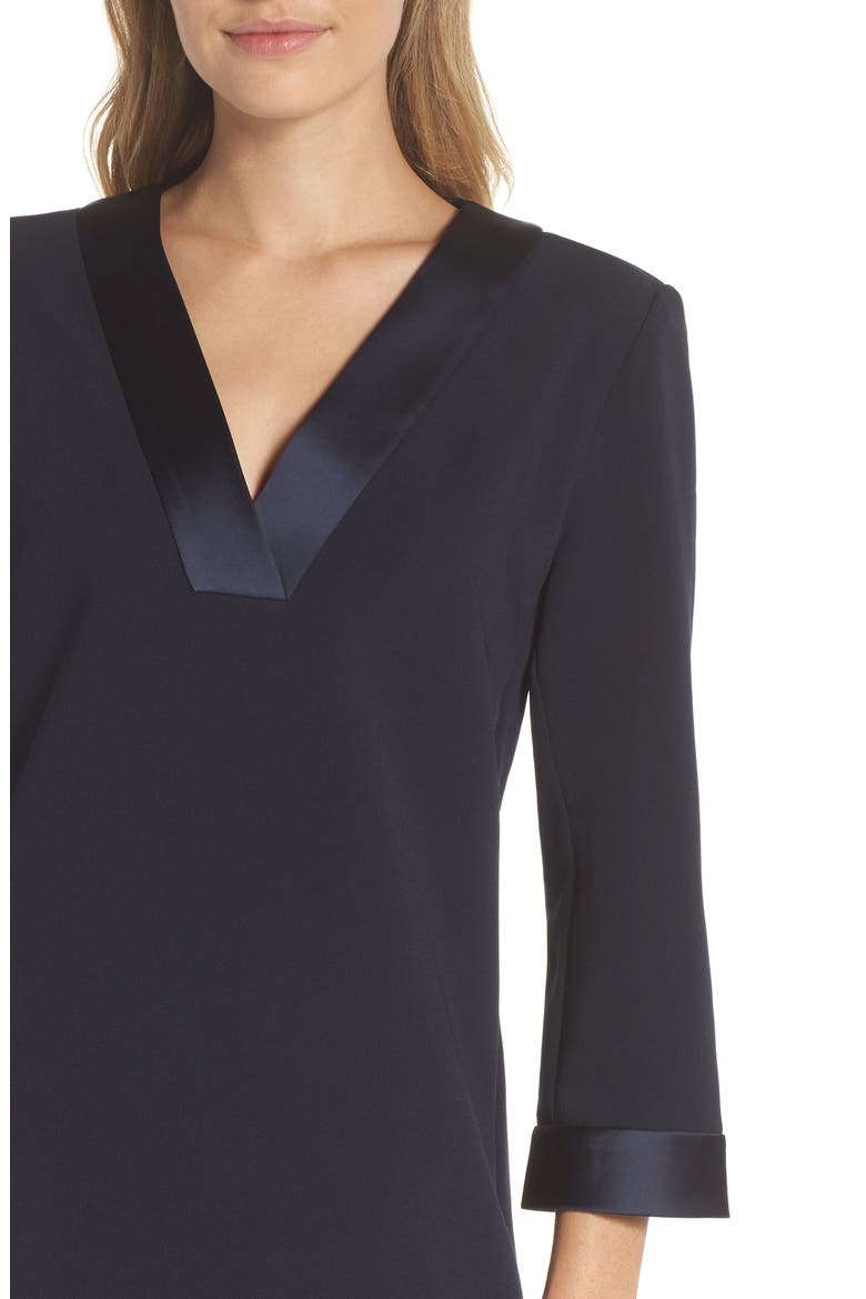 Satin Trim Crepe Shift Dress, Alternate, color, DARK NAVY