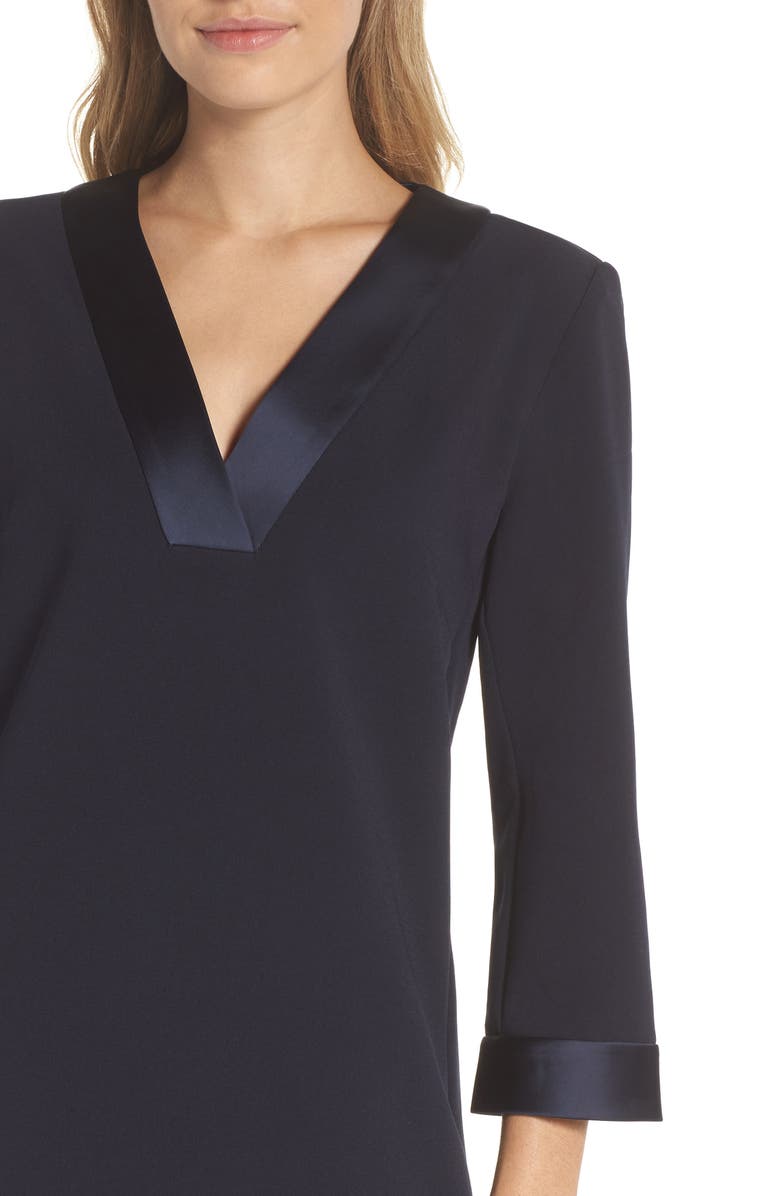 Tahari Satin Trim Crepe Shift Dress, Alternate, color, 
