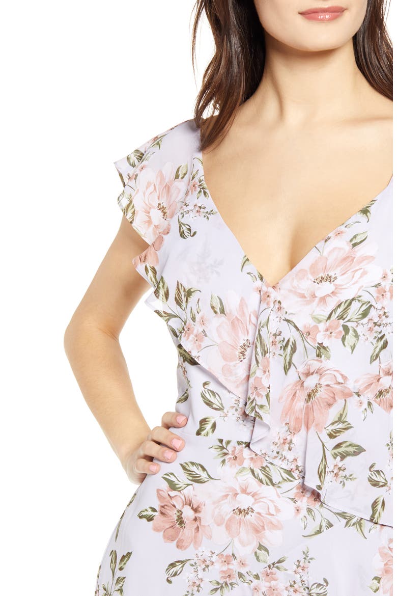 Morgana Floral Tiered Ruffle Asymmetrical Sleeve Maxi Dress, Alternate, color, DUSTY BLUE FLORAL