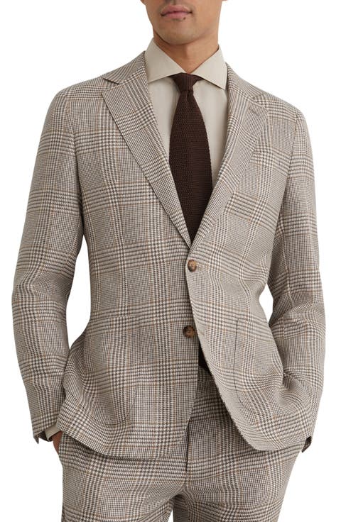 Epsom Tailored Fit Brown Glen Check Linen & Wool Blend Suit Jacket