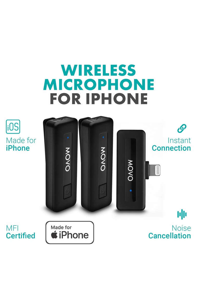 MOVO Wireless Mini DI Duo Ultra Compact Wireless Lavalier Microphones for iPhone, Alternate, color, Black