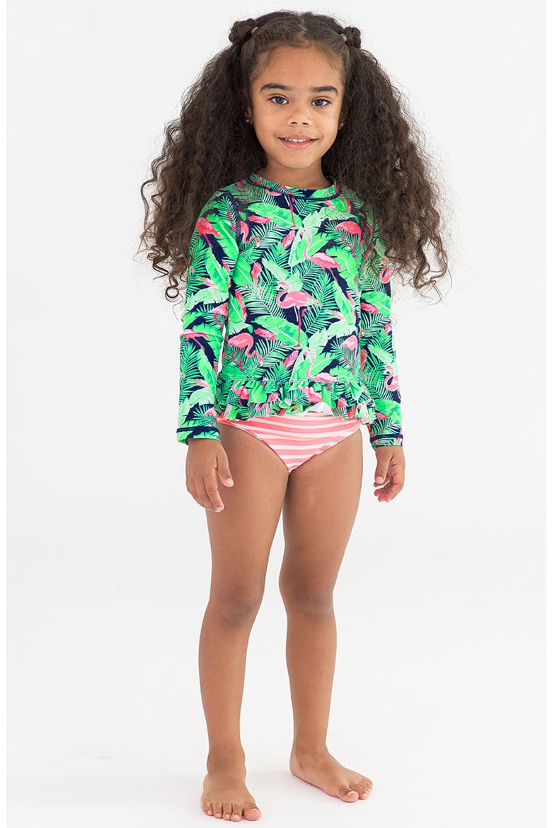 Kids' Flamingo Frenzy Long Sleeve Two-Piece Rashguard Swimsuit, Alternate, color, BLUE