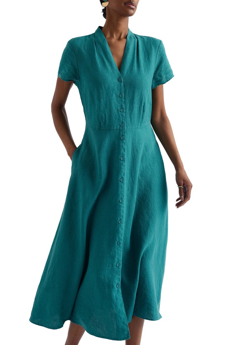 Carved Wood Linen Midi Dress, Alternate, color, DEEP DIVE