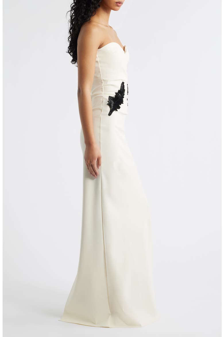 Ordana Feather Detail Strapless Satin Gown, Alternate, color, CREAM
