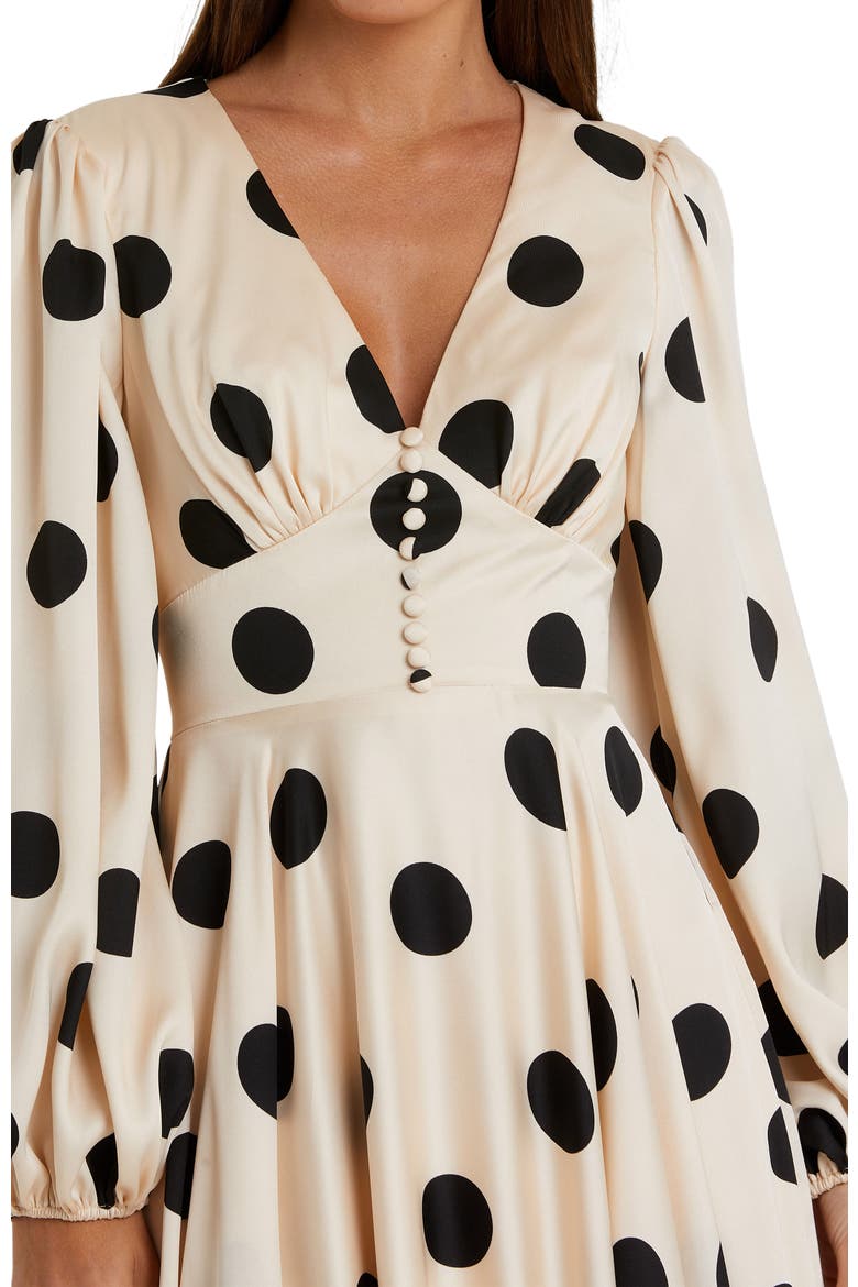 Polka Dot Charmeuse Long Sleeve V Neck Midi Dress, Alternate, color, Cream Black