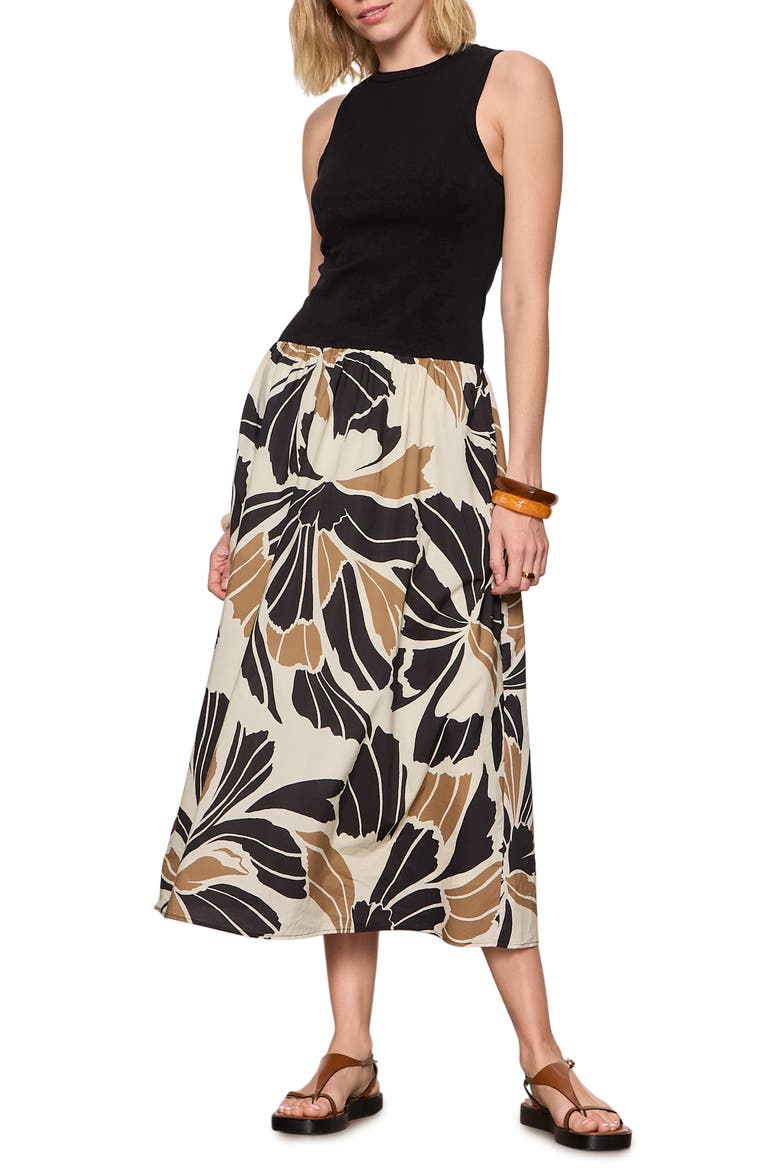 Sandbar Mixed Media Floral Print Midi Dress, Alternate, color, LOTUS BLACK