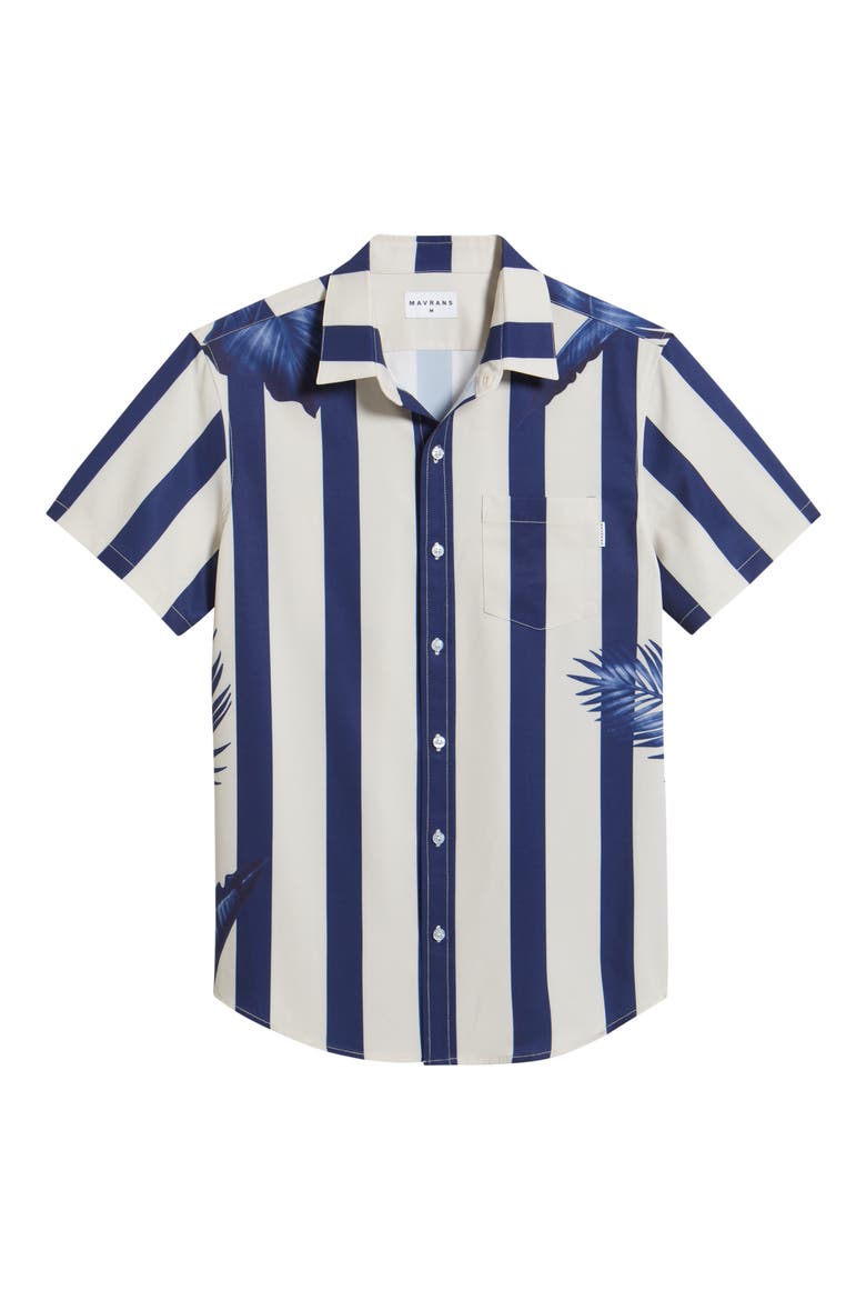 Stripe Palm Frond Short Sleeve Performance Button-Up Shirt, Alternate, color, BLUE