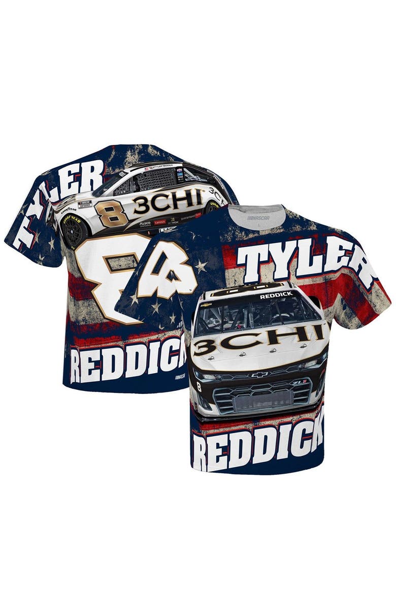 CHECKERED FLAG Men's Checkered Flag White Tyler Reddick 3CHI Sublimated Patriotic Total Print T-Shirt, Main, color, 