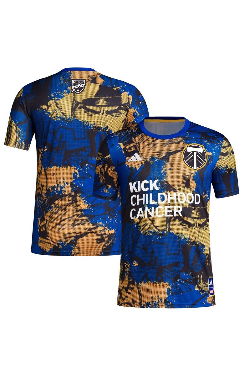 adidas Men's adidas Royal Portland Timbers 2023 MLS Works Kick Childhood Cancer x Marvel Pre-Match Top, Main, color, 