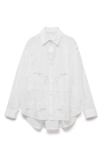 Mango Para Guipure Lace Cotton Button-up Shirt In White