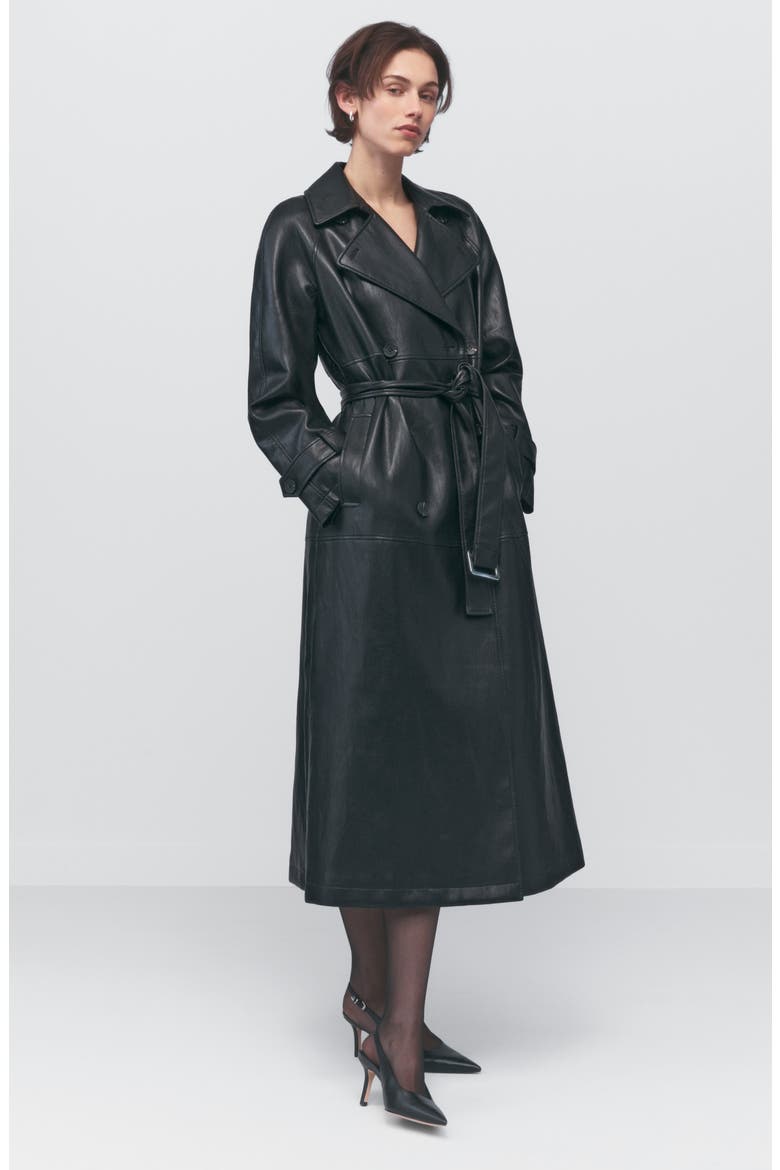 Oversize Raglan Faux Leather Trench Coat, Alternate, color, BLACK
