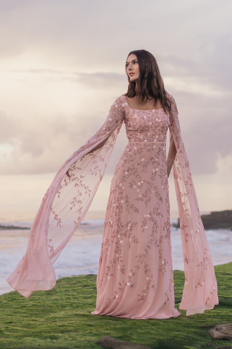 Beaded Georgette Square Neck Cape Sleeve Gown, Alternate, color, Rose
