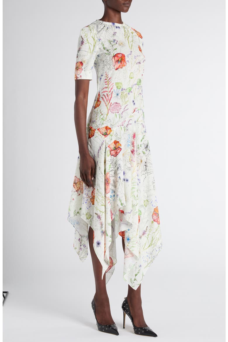Floral Print Asymmetric Crepe Dress, Alternate, color, WHITE