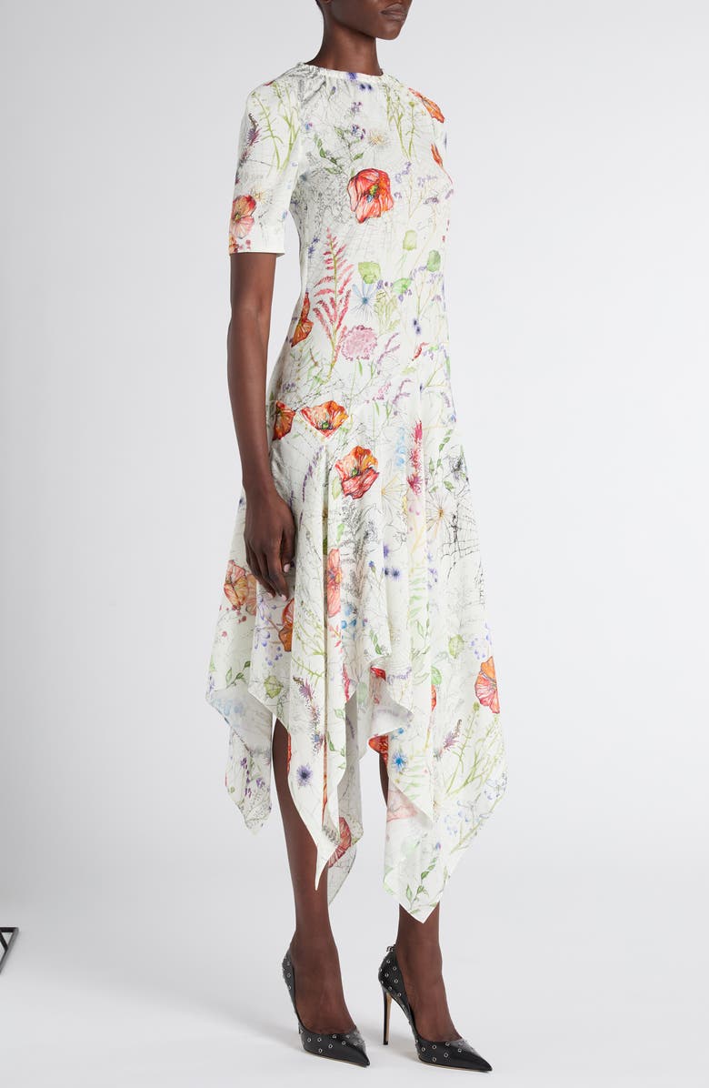 McQueen Floral Print Asymmetric Crepe Dress, Alternate, color, White