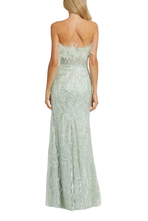 Mac Duggal Strapless Feather Bustier Gown With Embroidery In Mint