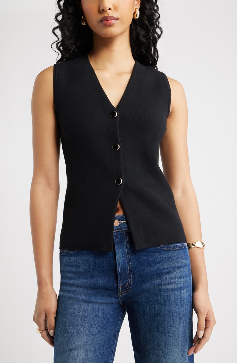Open Edit Cutaway Button-Up Sweater Vest, Main, color, Black