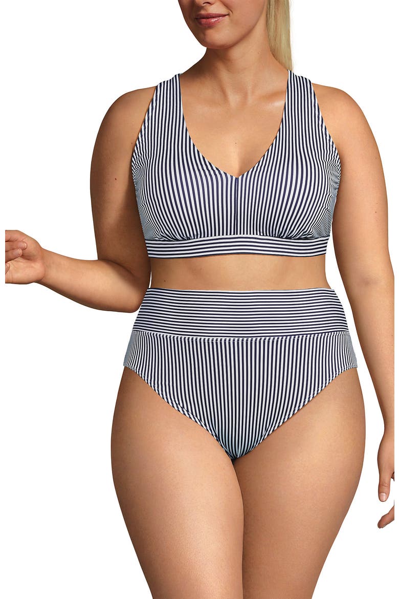 Plus Size V-Neck Bikini and High Waisted Bottom Swimsuit Set, Alternate, color, Deep Sea Navy Mini Stripe