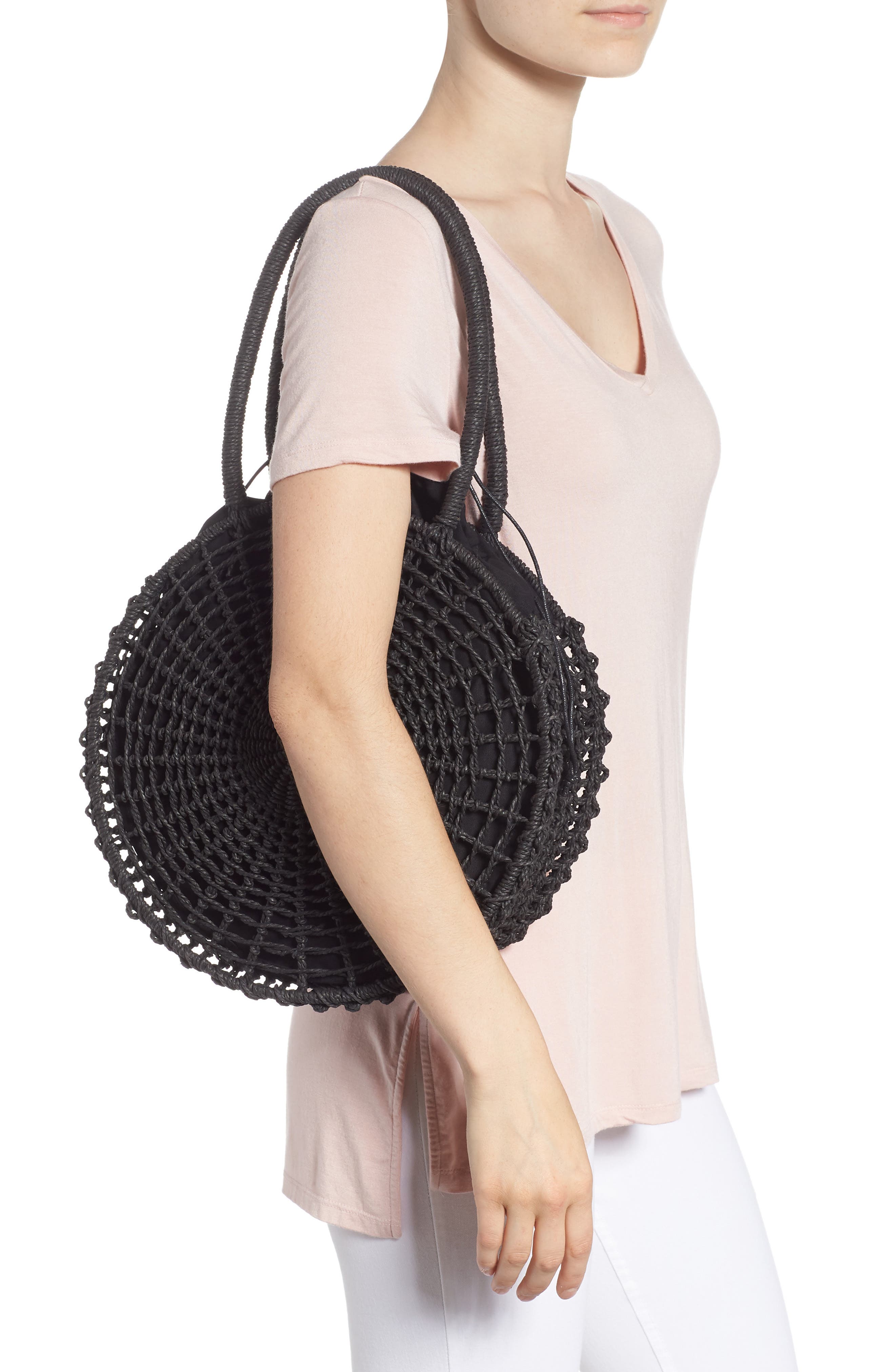 Topshop Bella Straw Circle Tote Handbag, Alternate, color, 