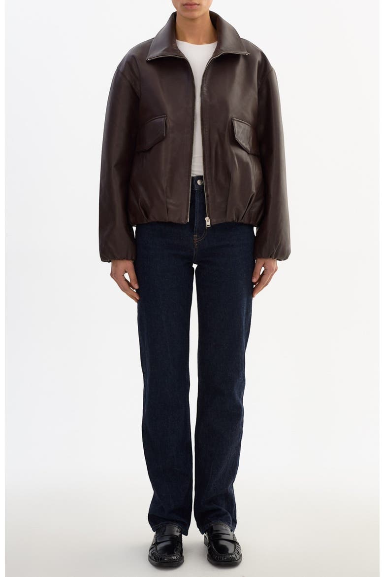 RAMONA | Funnel Neck Leather Jacket, Alternate, color, Dark Brown