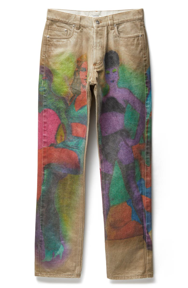 Versace Gender Inclusive The Femmes Print Straight Leg Jeans, Alternate, color, Olive Print