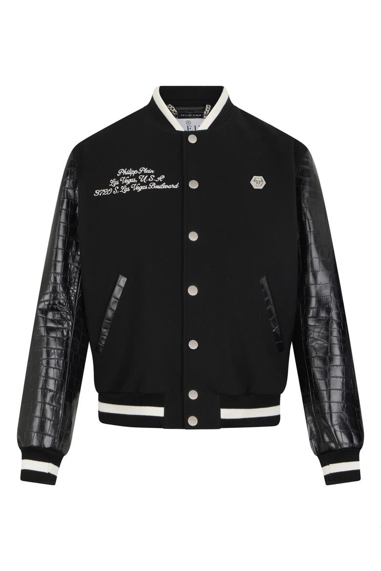 Varsity Bomber Cocco Sleeves Las Vegas Men, Main, color, black