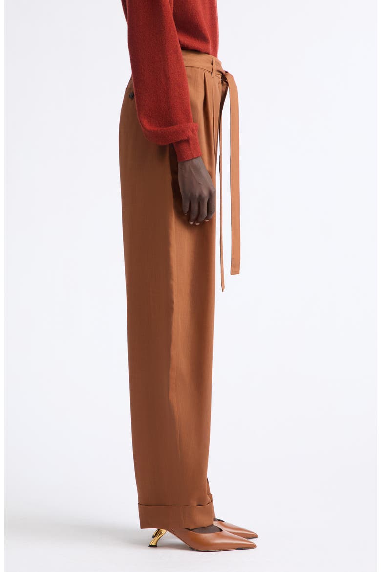 Belted Pleated Barrel Leg Virgin Wool Trousers, Alternate, color, COGNAC