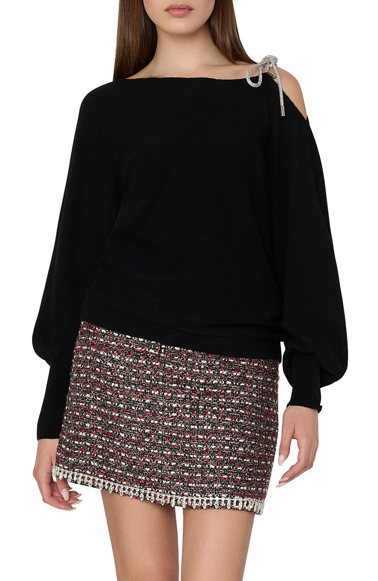 Milly Ida Crystal Tie Shoulder Sweater, Main, color, Black
