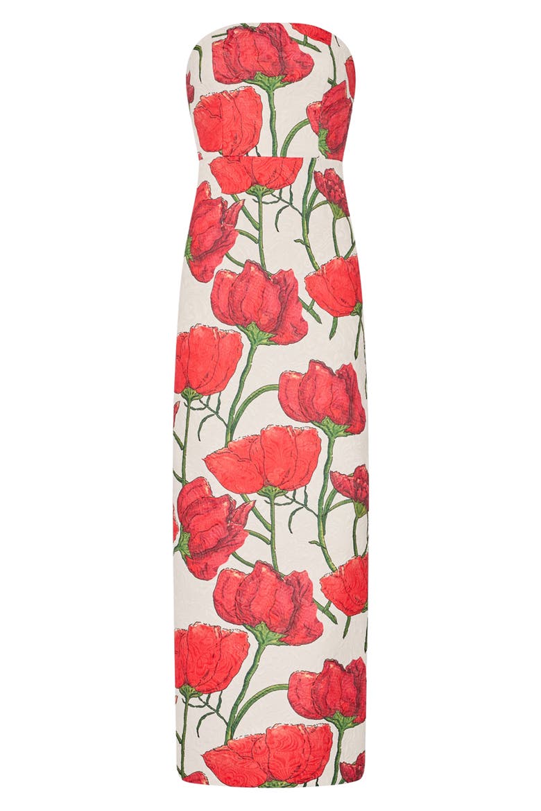 Orion Red Peony Jacquard Strapless Dress, Alternate, color, RED MULTI