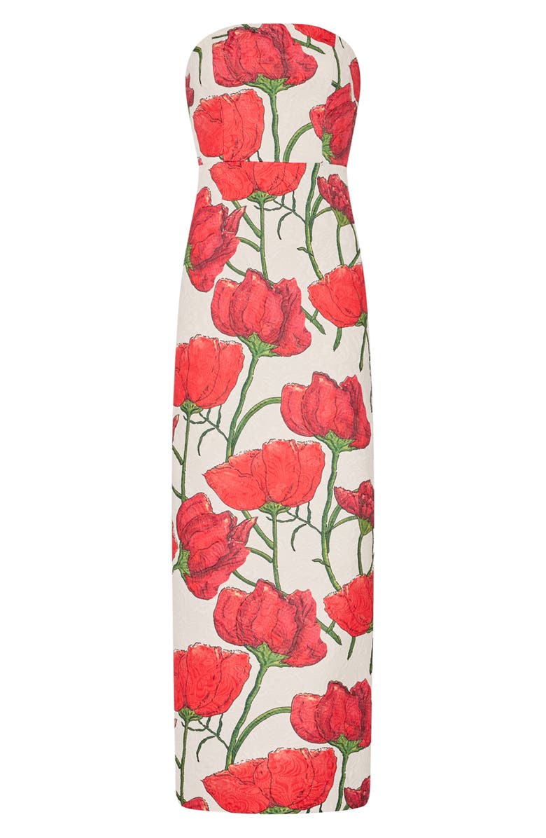 Milly Orion Red Peony Jacquard Strapless Dress, Alternate, color,