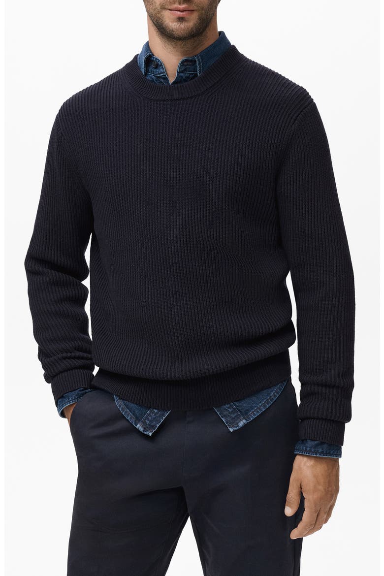 Fine Rib Knit Cotton Crewneck Sweater, Main, color, NAVY