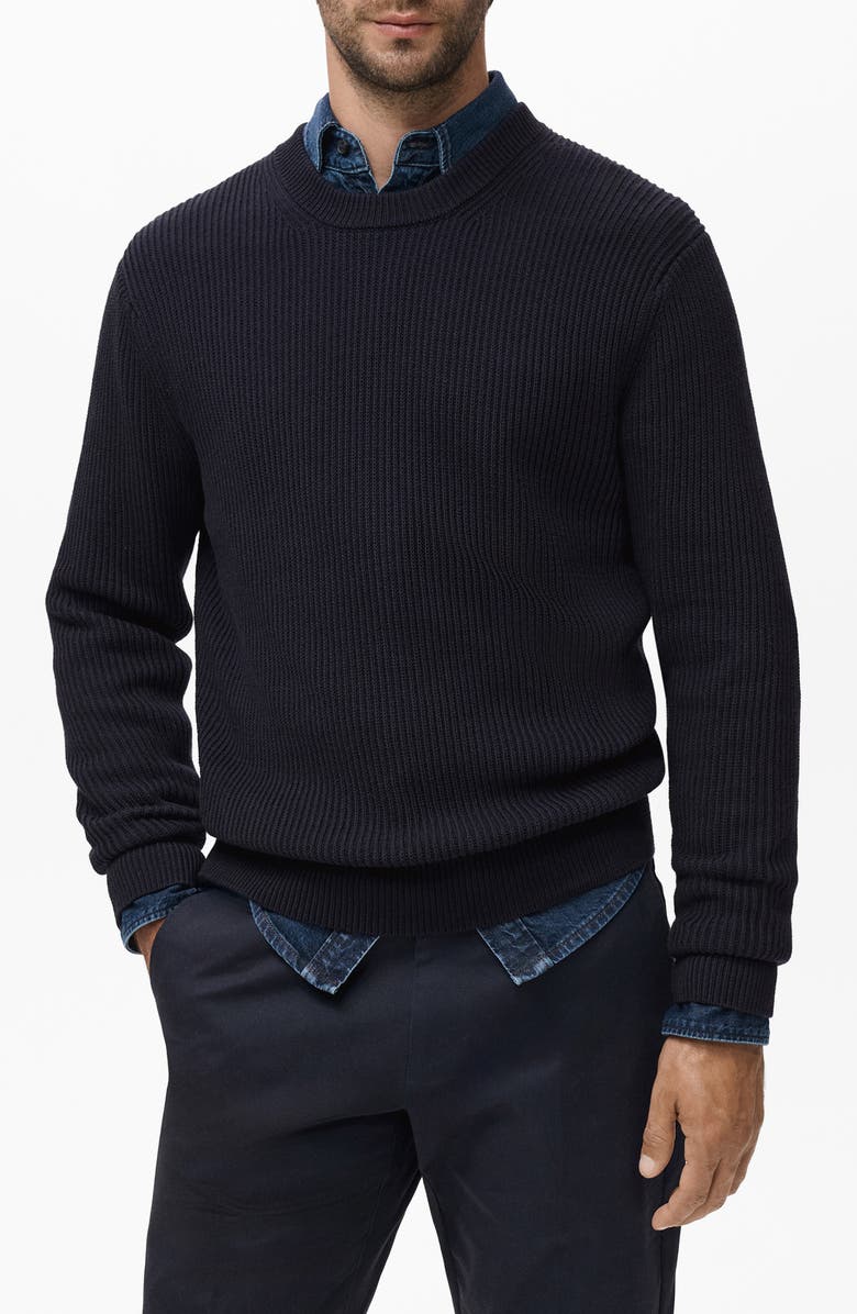 MANGO Fine Rib Knit Cotton Crewneck Sweater, Main, color, Navy