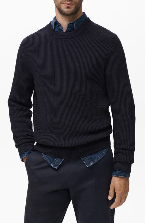 Fine Rib Knit Cotton Crewneck Sweater