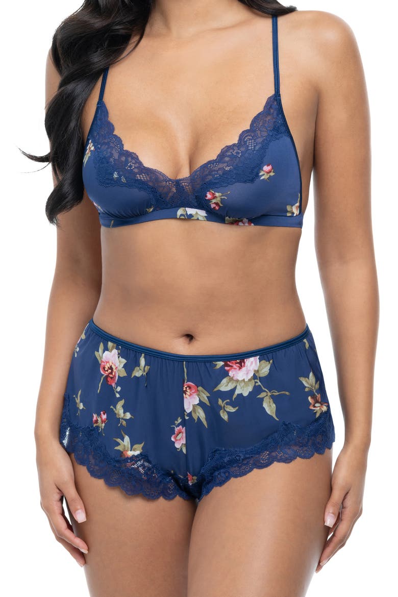 Reina Lace Trim Bralette & Tap Shorts Set, Main, color, BLUE FLORAL PRINT