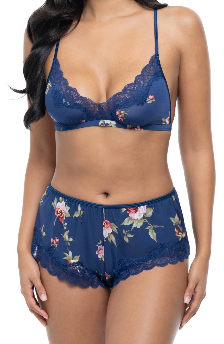 Oh La La Cheri Reina Lace Trim Bralette & Tap Shorts Set, Main, color, Blue Floral Print