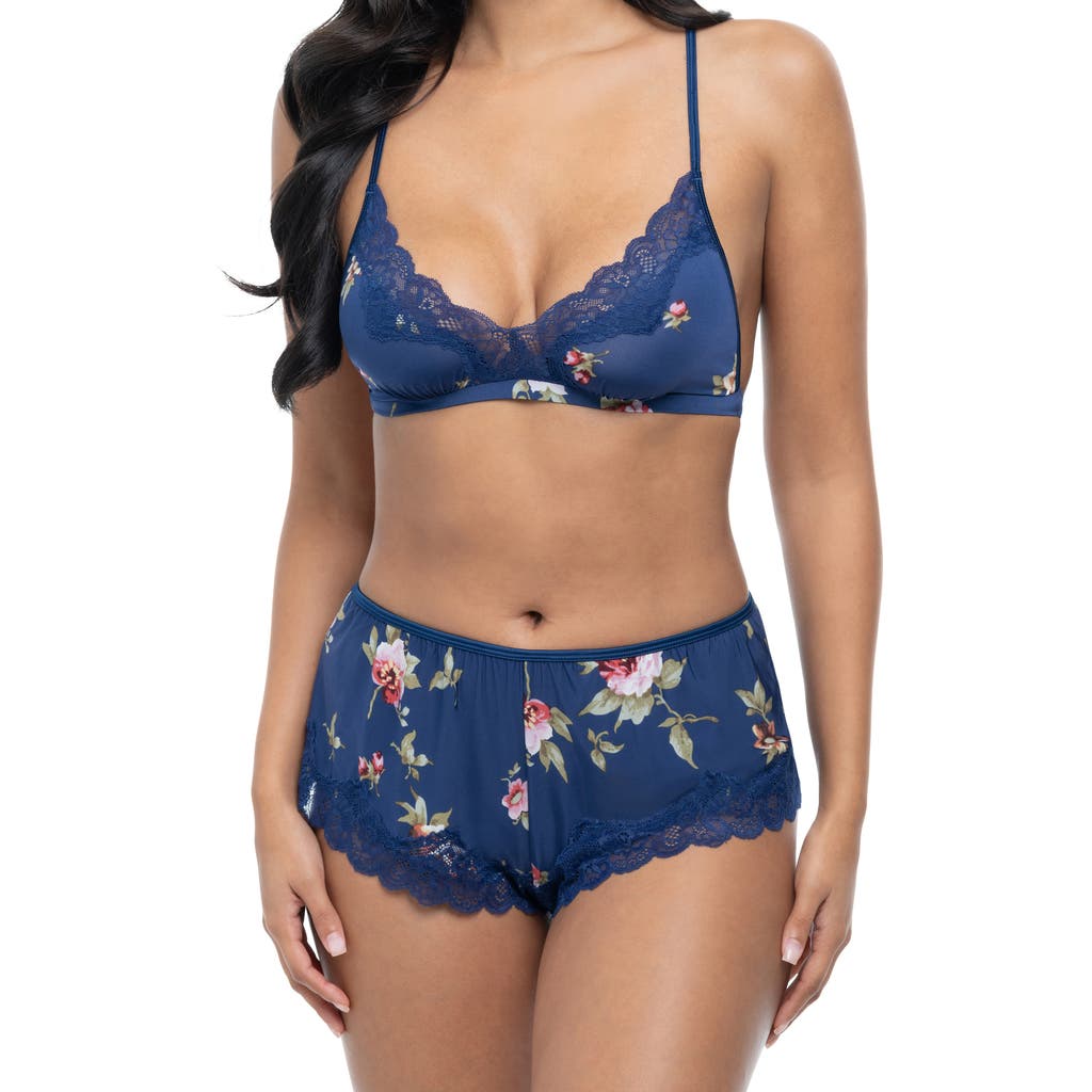 Oh La La Cheri Reina Lace Trim Bralette & Tap Shorts Set In Blue Floral Print
