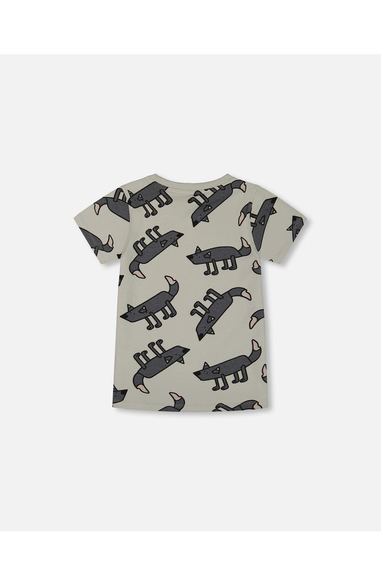 Deux par Deux Boy's Printed Organic Cotton Tee Gray Wolf On Teal Background, Alternate, color,