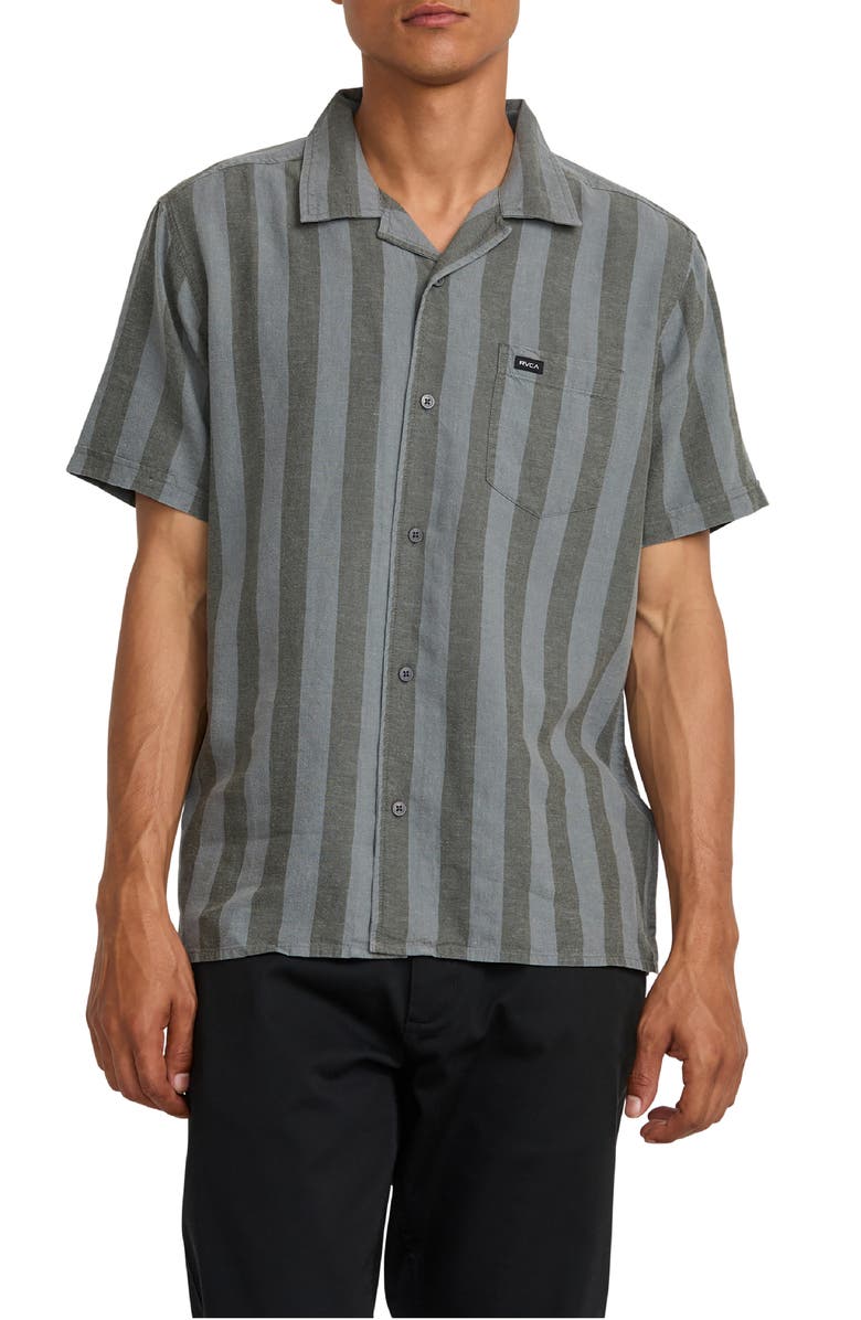 RVCA Love Stripe Linen Blend Camp Shirt, Main, color, 