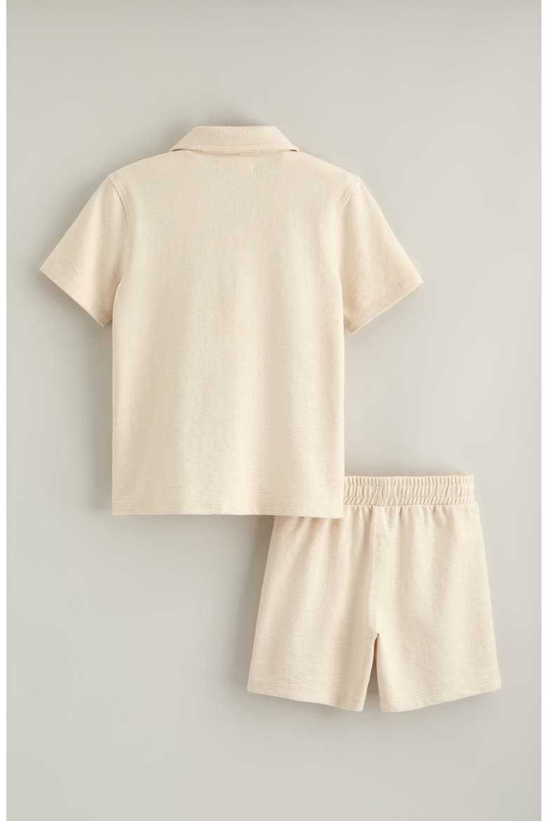 Kids' Knit Button-Up Shirt & Shorts Set, Alternate, color, BEIGE BEACH DINO EMBROIDERY