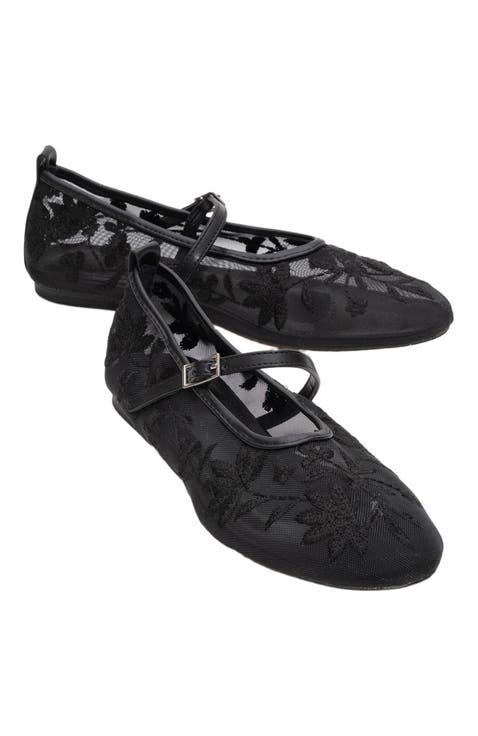 Juny Mesh Floral Embroidery Ballet Flat