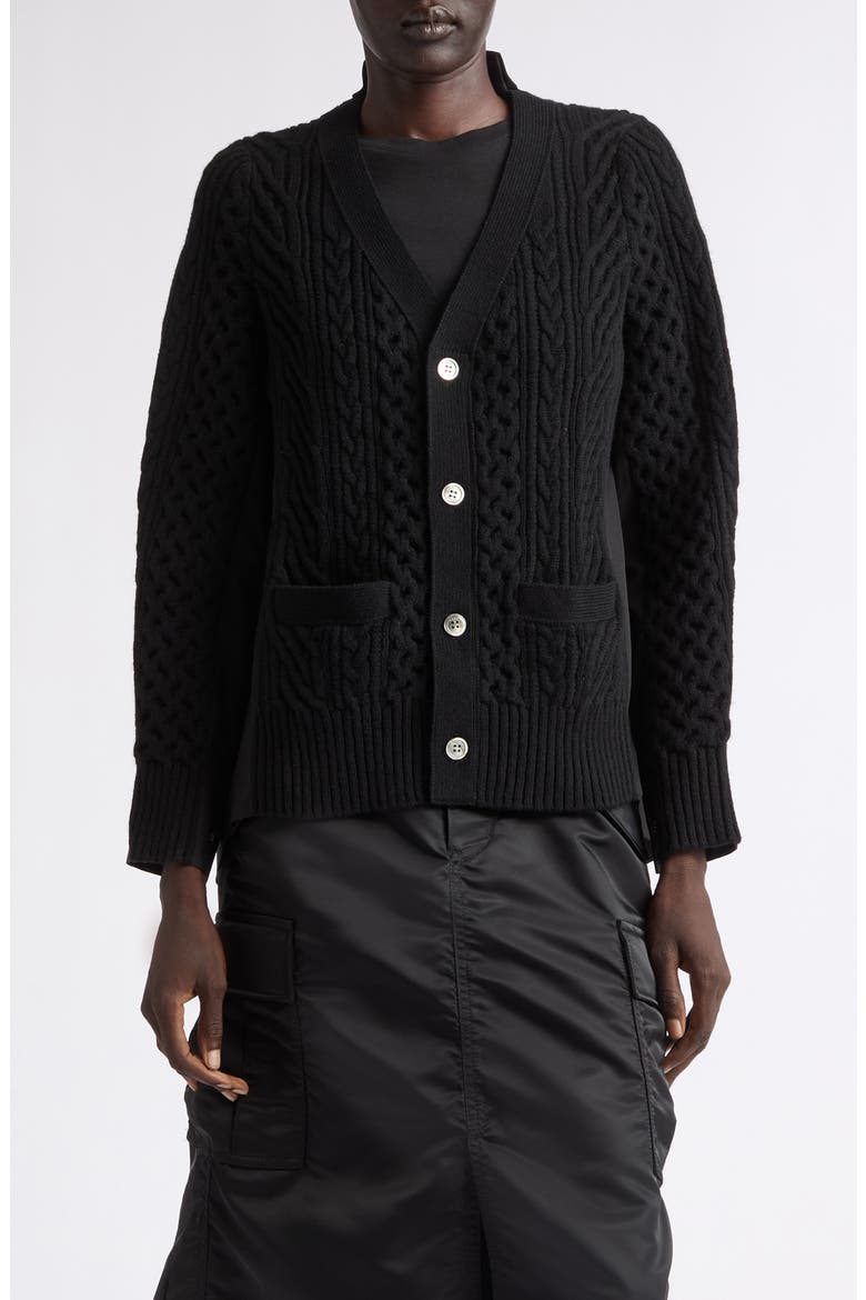 Mixed Media Wool Cable & Poplin Shirt Cardigan, Main, color, BLACK/ DARK BLACK