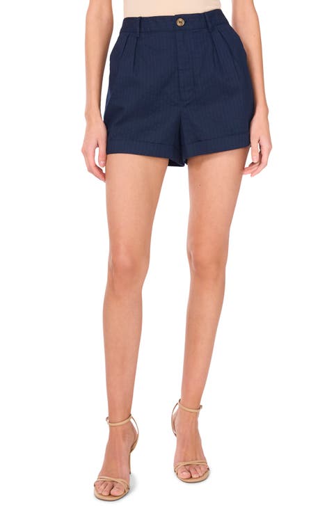 Pleated High Waist Dobby Stripe Cotton Shorts