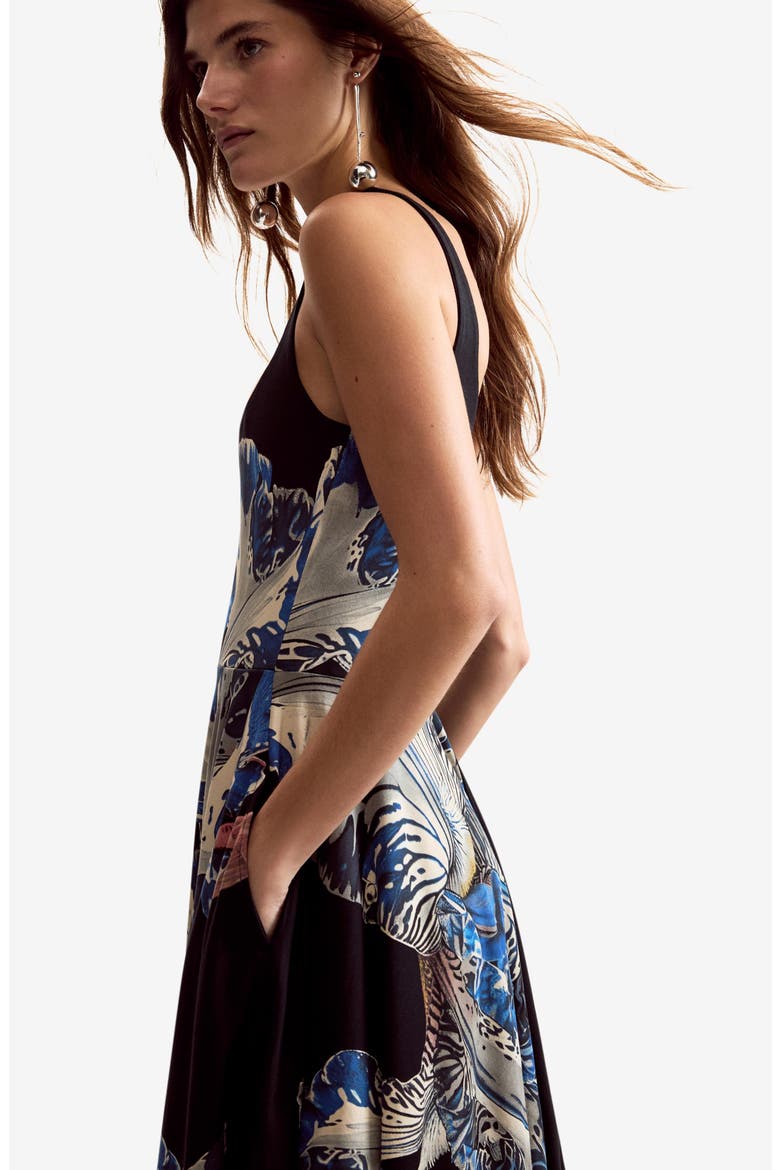 Placement Print Handkerchief Hem Stretch Cotton Dress, Alternate, color, BLACK