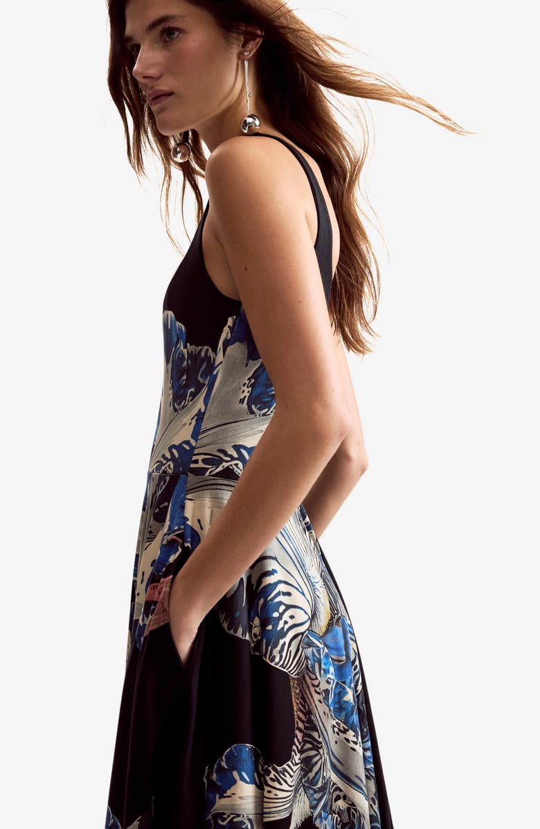 Desigual Placement Print Handkerchief Hem Stretch Cotton Dress, Alternate, color, Black