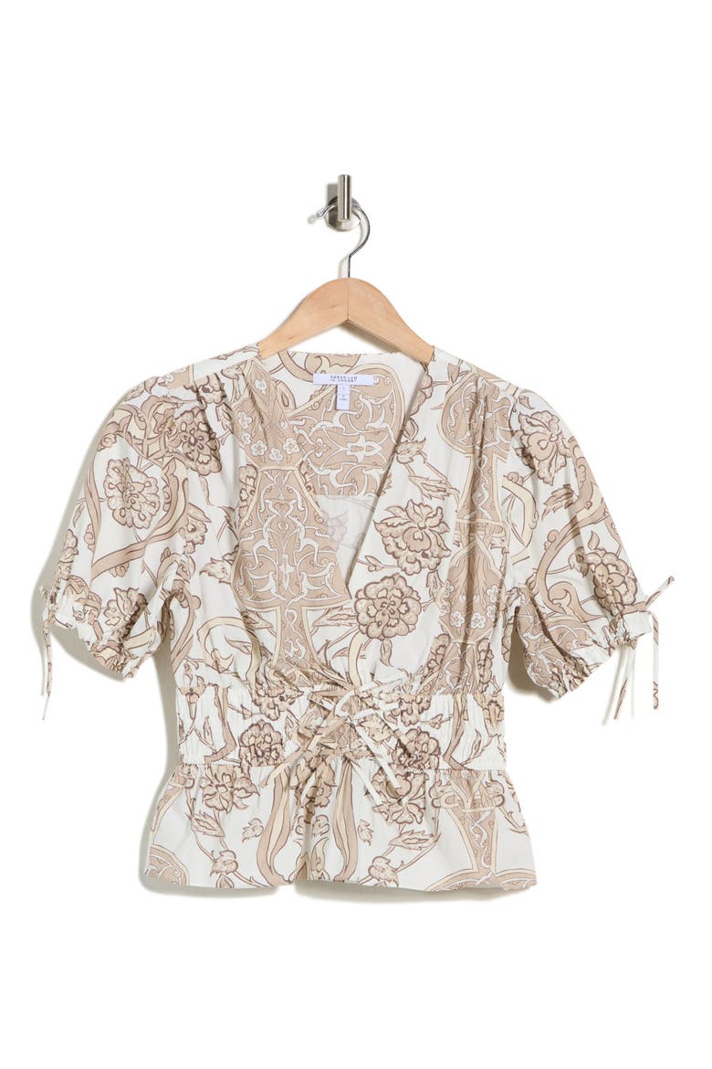 Rhea V-Neck Puff Sleeve Top, Alternate, color, TAN MOROCCAN